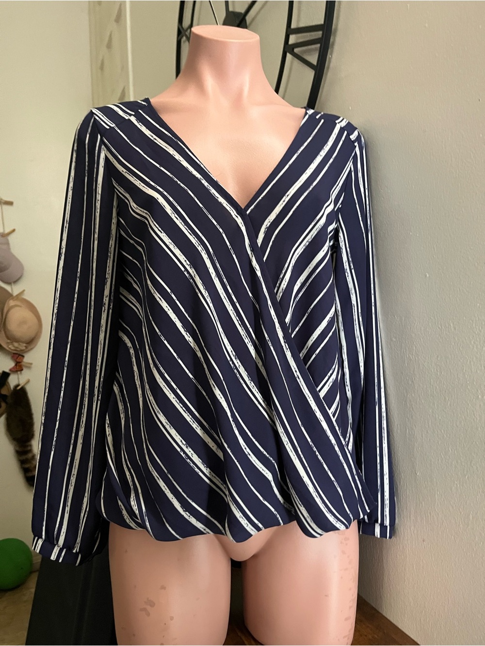 #332 Women’s Navy Blue Striped Wrap Blouse - Classic V-Neck Long Sleeve